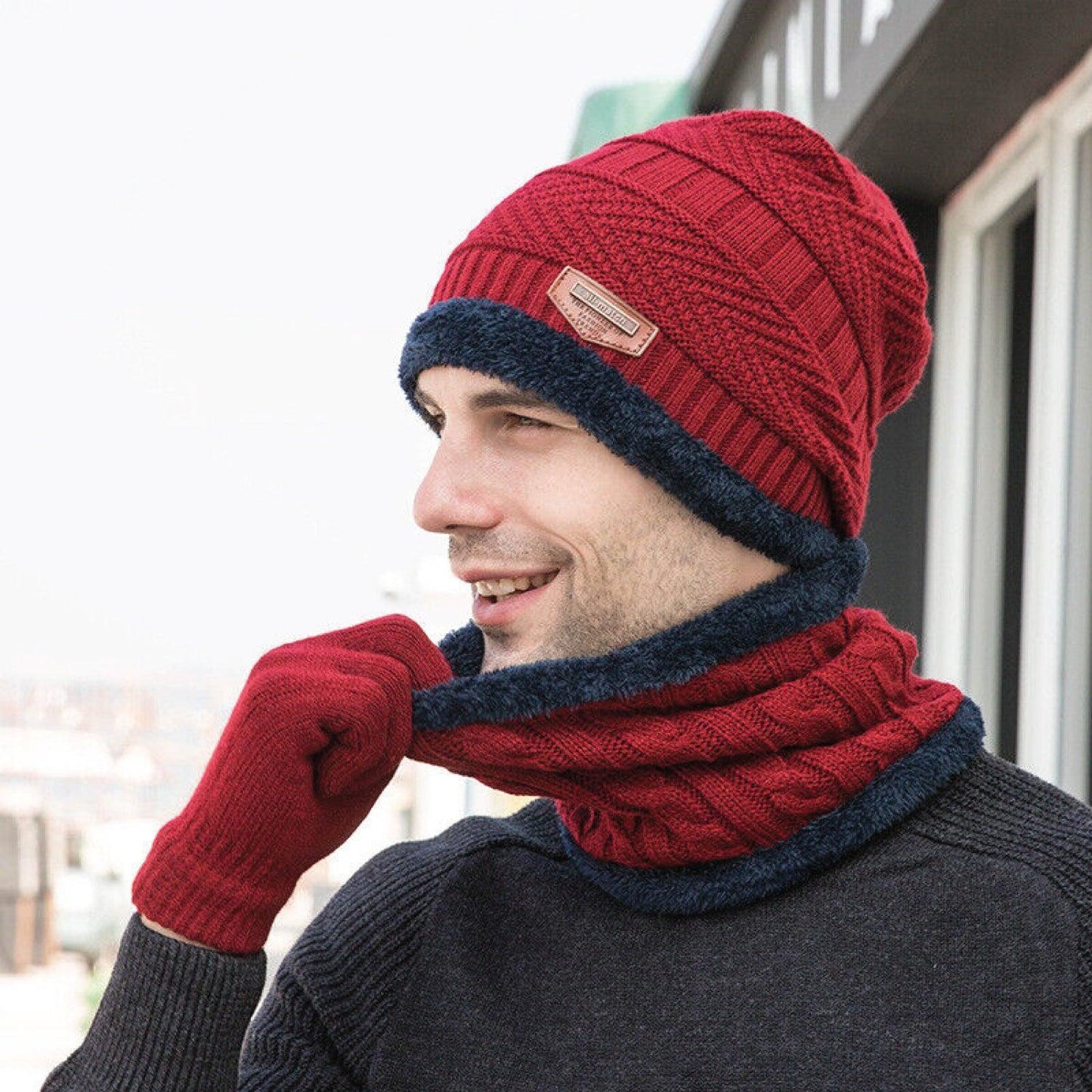 Hat Scarf and Gloves Set - 3pcs Mens Winter Thermal Beanie Knit Hat Glove Neck Scarf Set Men Ski Snow Caps