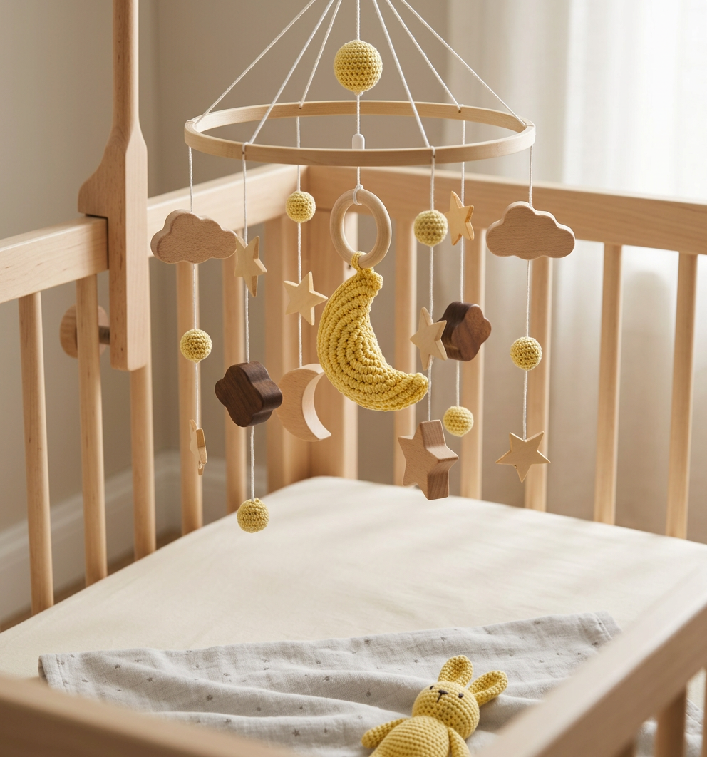 Handmade Wooden Baby Crib Mobile with Crochet Pendants – Soothing Bed Toy for Newborns