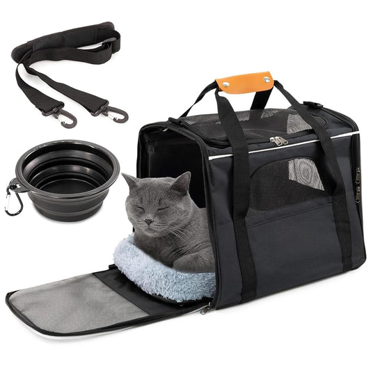 Pet Carrier Bag - Breathable Small Travel Cage with Adjustable Shoulder Strap and Bowl