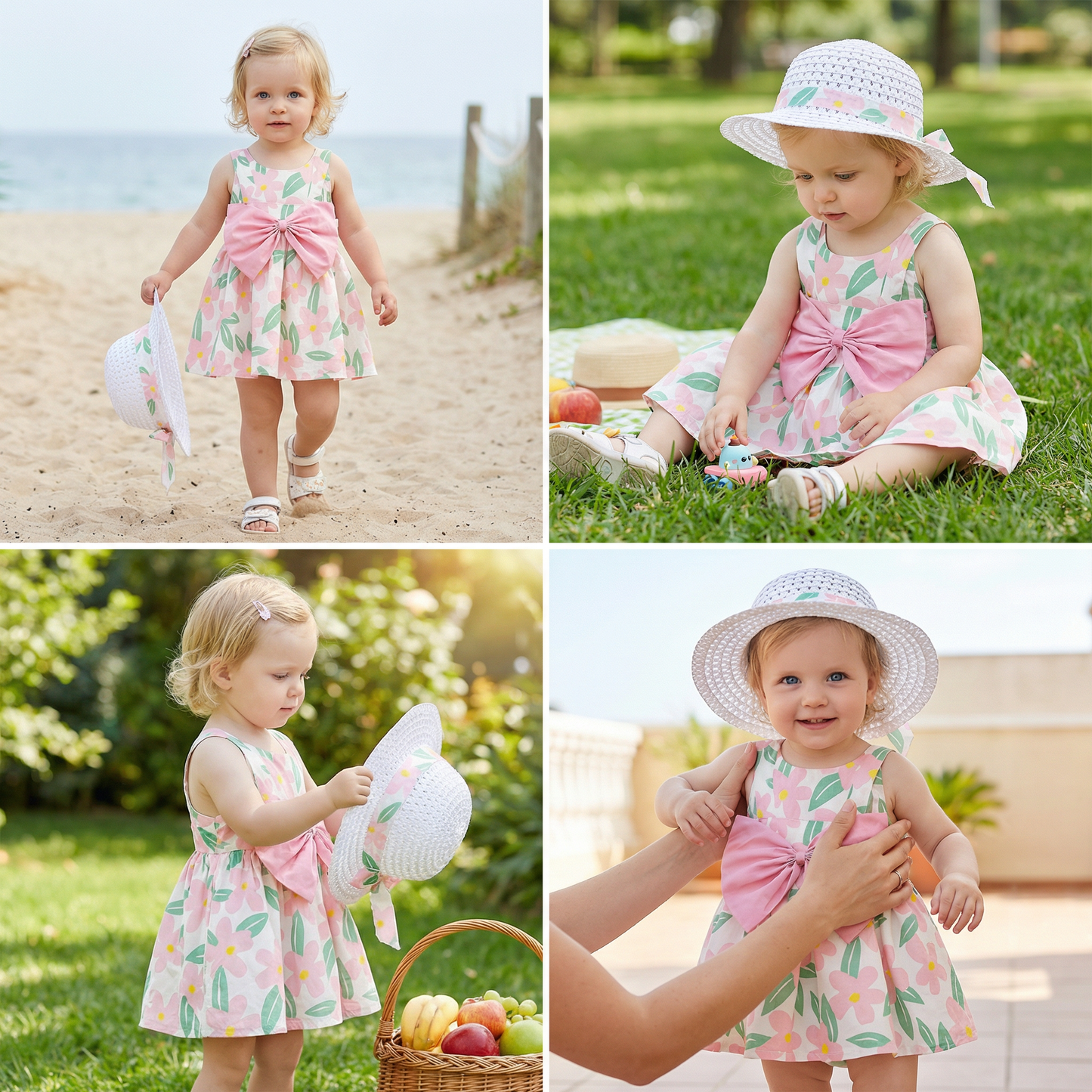 Summer Strap Dress Set for Babies & Toddlers – Sleeveless Bow Dress with Matching Hat
