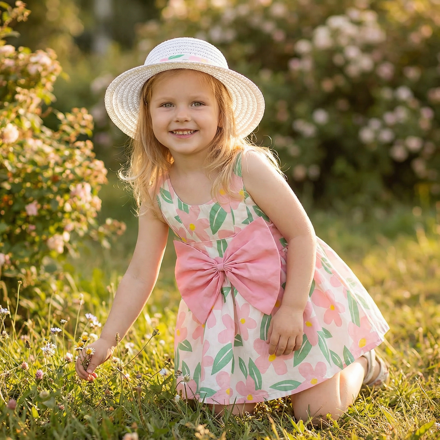 Summer Strap Dress Set for Babies & Toddlers – Sleeveless Bow Dress with Matching Hat