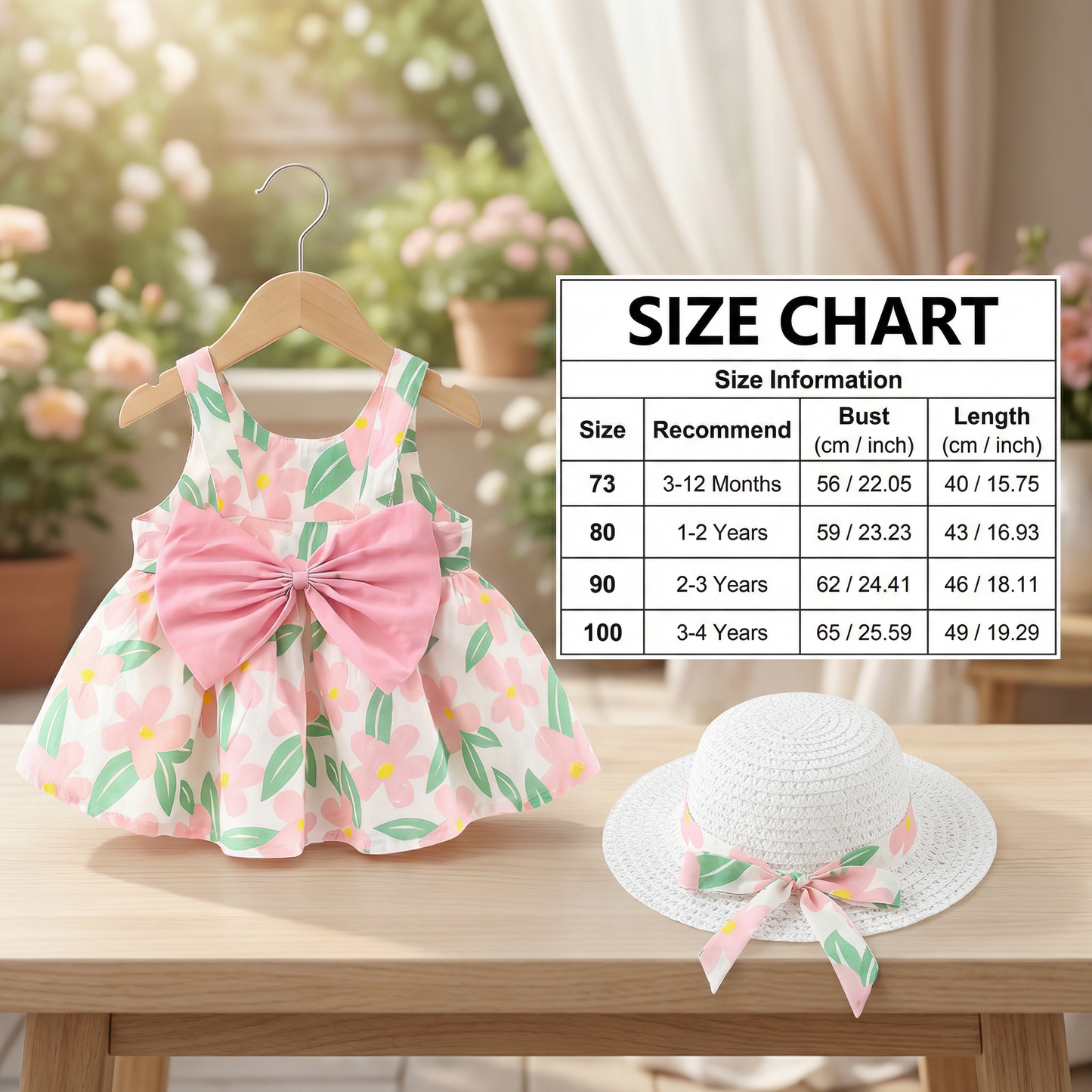 Summer Strap Dress Set for Babies & Toddlers – Sleeveless Bow Dress with Matching Hat