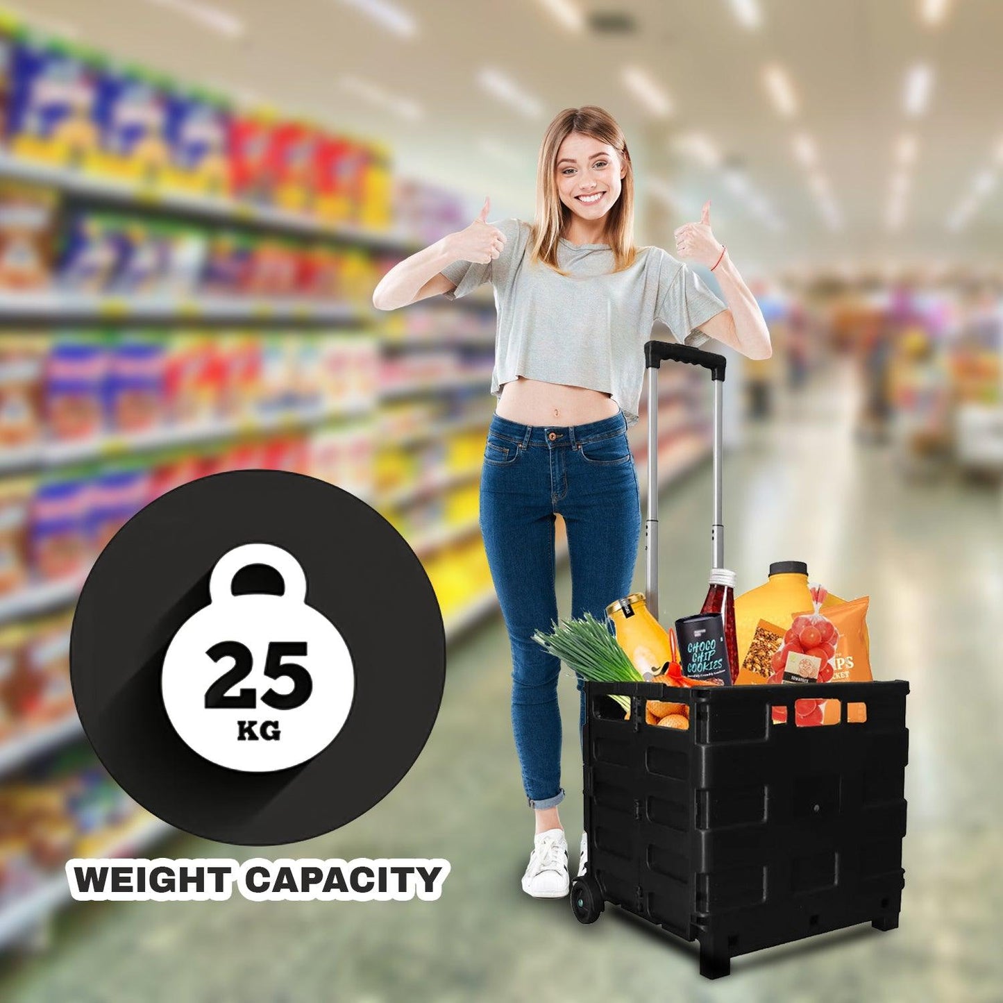 Folding Shopping Cart Trolley - 25kg Multipurpose Foldable Shopping Trolley Cart Handle Wheel Camping Caddy Boot