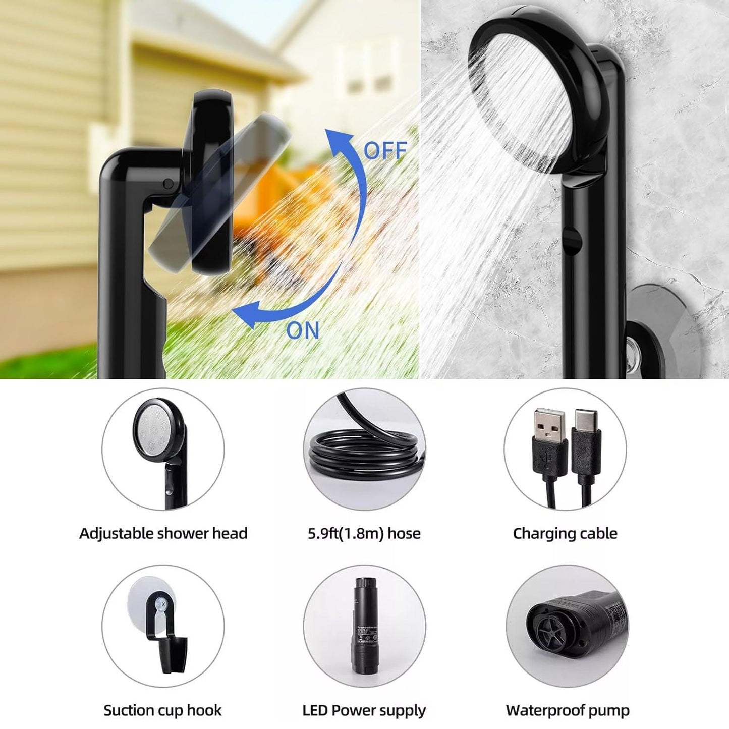 Rechargeable Camping Shower - 4000mAh Portable Electric Shower Pet Shower