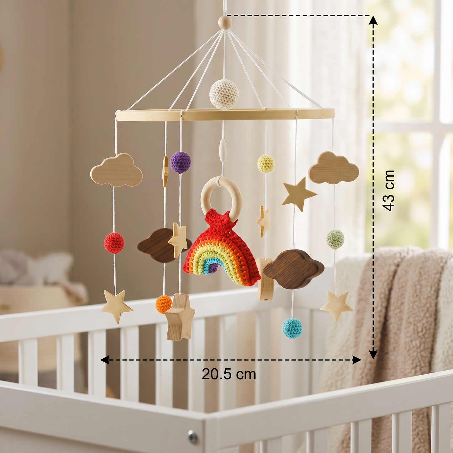 Handmade Wooden Baby Crib Mobile with Crochet Pendants – Soothing Bed Toy for Newborns