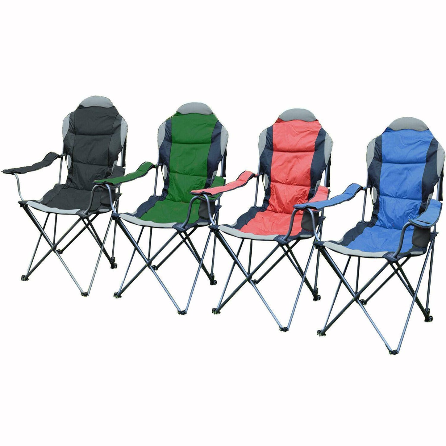 Outdoor Camping Chair - Padded Folding Camping Deluxe Fold Chairs High Back With Cup Holder & Carry Bag