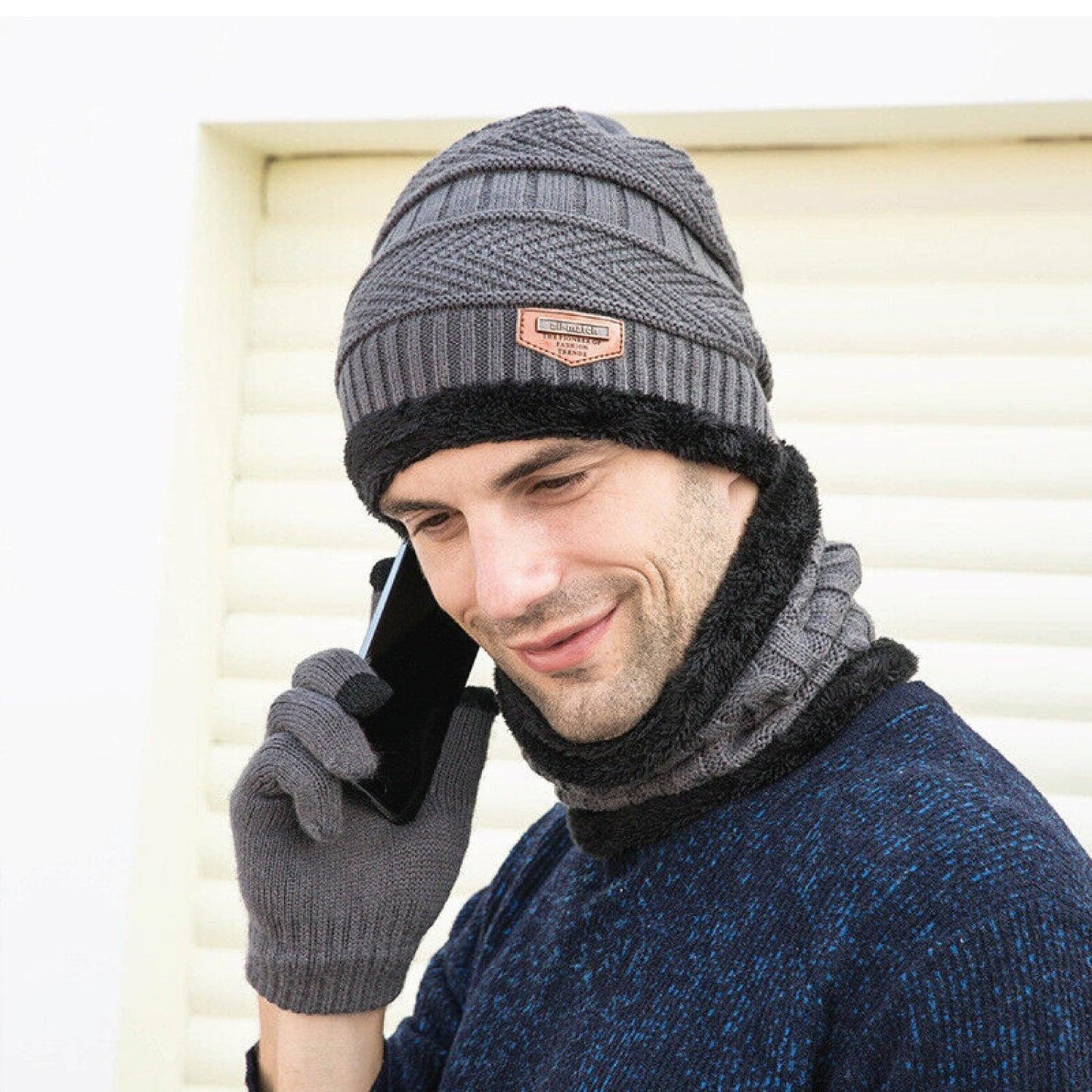 Hat Scarf and Gloves Set - 3pcs Mens Winter Thermal Beanie Knit Hat Glove Neck Scarf Set Men Ski Snow Caps