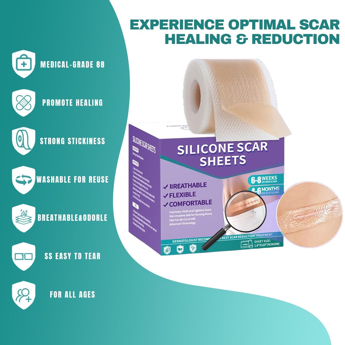 Silicone Scar Sheets - Medical Grade (1.6"x120") Scar Tape Professional Reusable Scar Removal Treatment