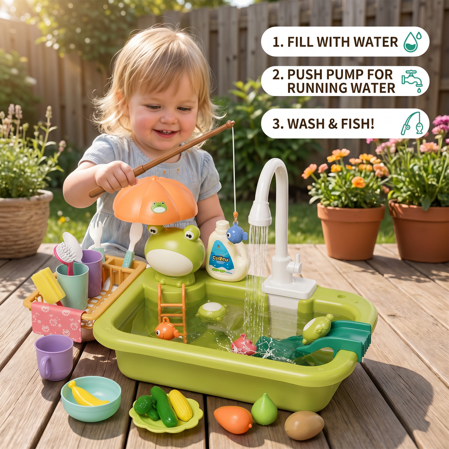 Kids Play Kitchen Sink Set with Running Water & Fishing Game