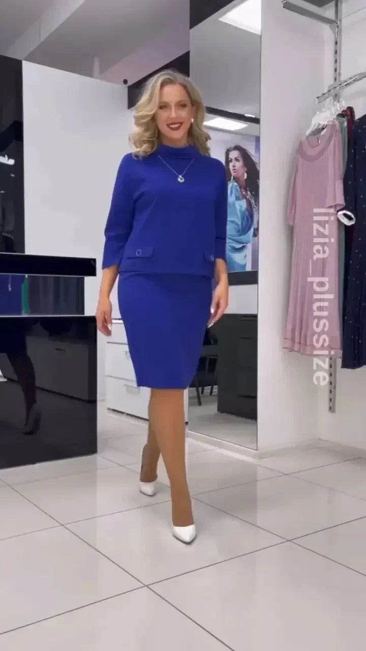 Solid color top & half color skirt plus size two piece set