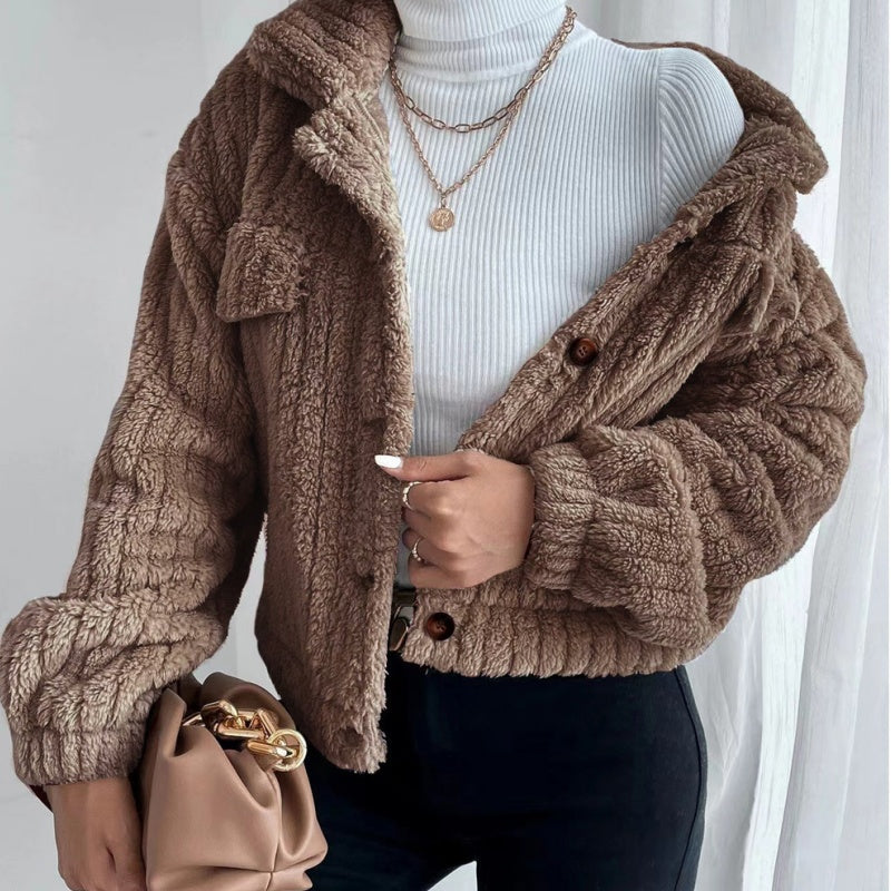 Women's Lapel Button-Down Warm Fuzzy Cropped Coat