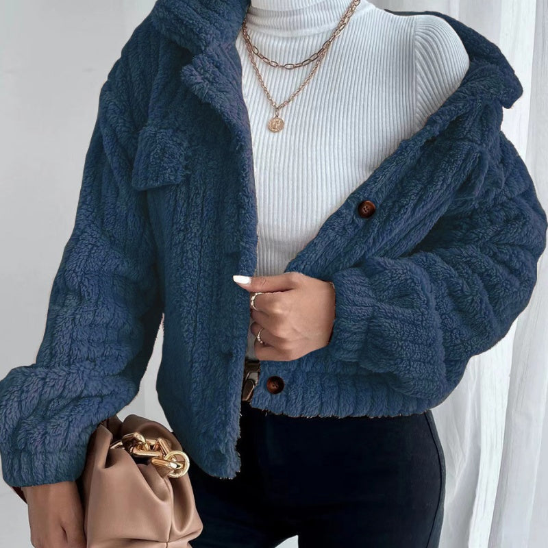 Women's Lapel Button-Down Warm Fuzzy Cropped Coat