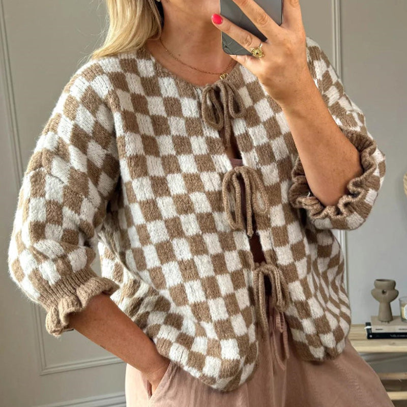 🍁Autumn New Arrivals 50% Off🍁Women's Trendy Checkered Tie Front Knit Cardigan