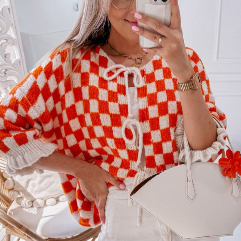 🍁Autumn New Arrivals 50% Off🍁Women's Trendy Checkered Tie Front Knit Cardigan