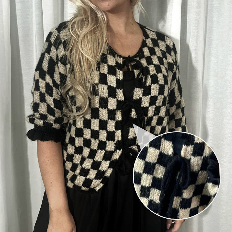 🍁Autumn New Arrivals 50% Off🍁Women's Trendy Checkered Tie Front Knit Cardigan