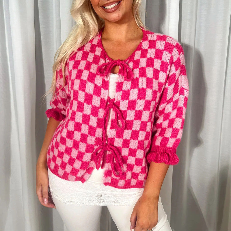 🍁Autumn New Arrivals 50% Off🍁Women's Trendy Checkered Tie Front Knit Cardigan