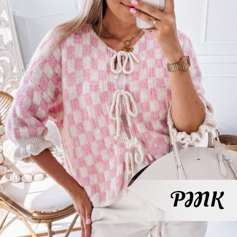 🍁Autumn New Arrivals 50% Off🍁Women's Trendy Checkered Tie Front Knit Cardigan