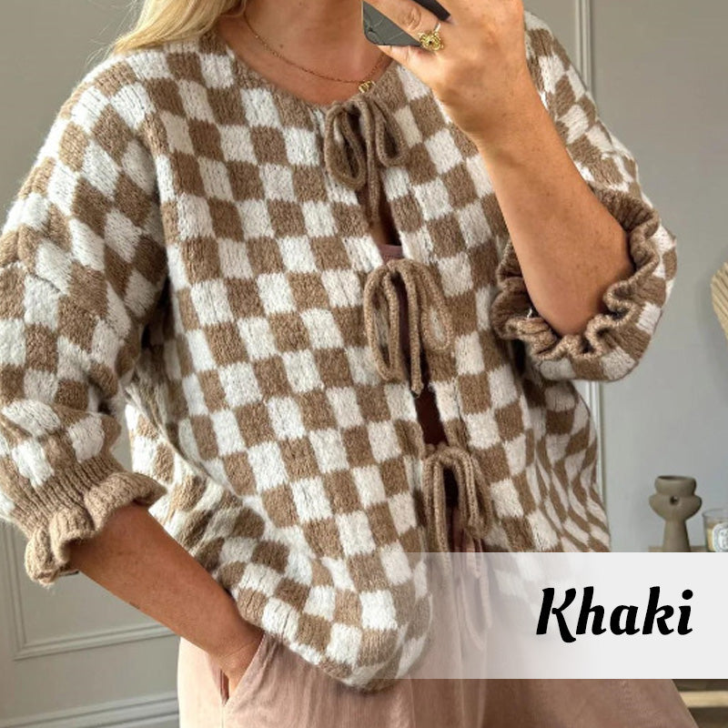 🍁Autumn New Arrivals 50% Off🍁Women's Trendy Checkered Tie Front Knit Cardigan