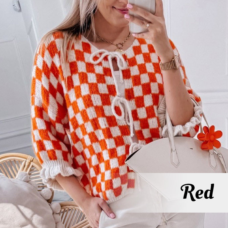 🍁Autumn New Arrivals 50% Off🍁Women's Trendy Checkered Tie Front Knit Cardigan