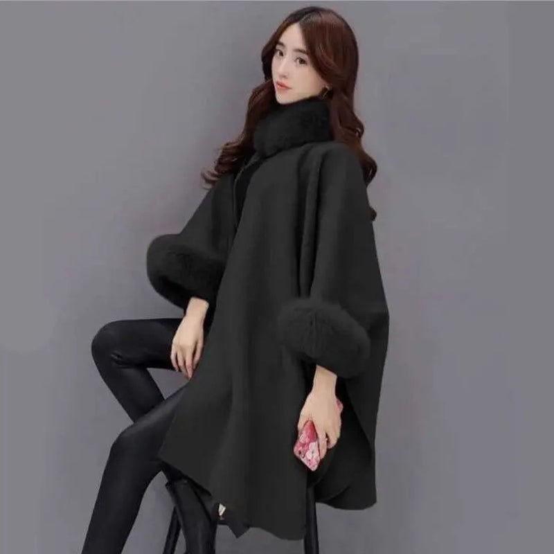 💖Best Gift💖  Elegant Solid Color Faux Fur Collar Loose Poncho Coat