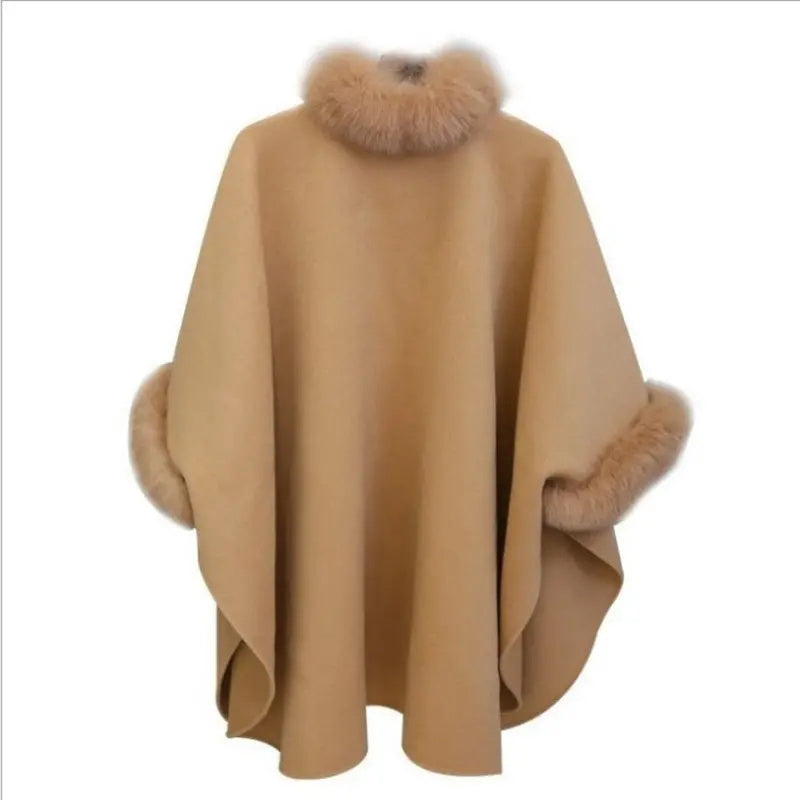 💖Best Gift💖  Elegant Solid Color Faux Fur Collar Loose Poncho Coat