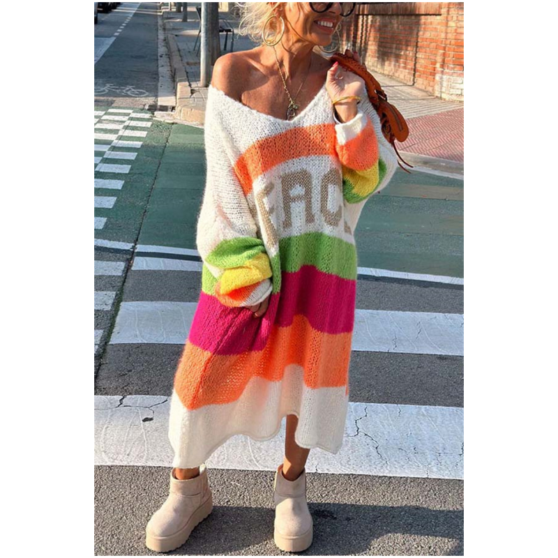 🔥Now enjoy 50% discount🔥Color Block V-Neck Letter Print Sweater Dress