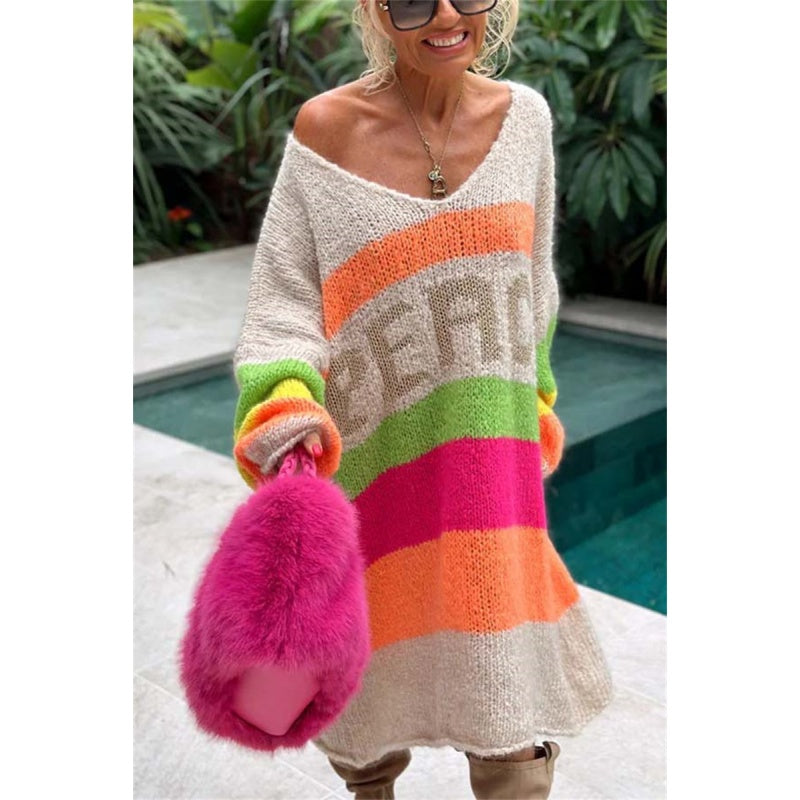 🔥Now enjoy 50% discount🔥Color Block V-Neck Letter Print Sweater Dress