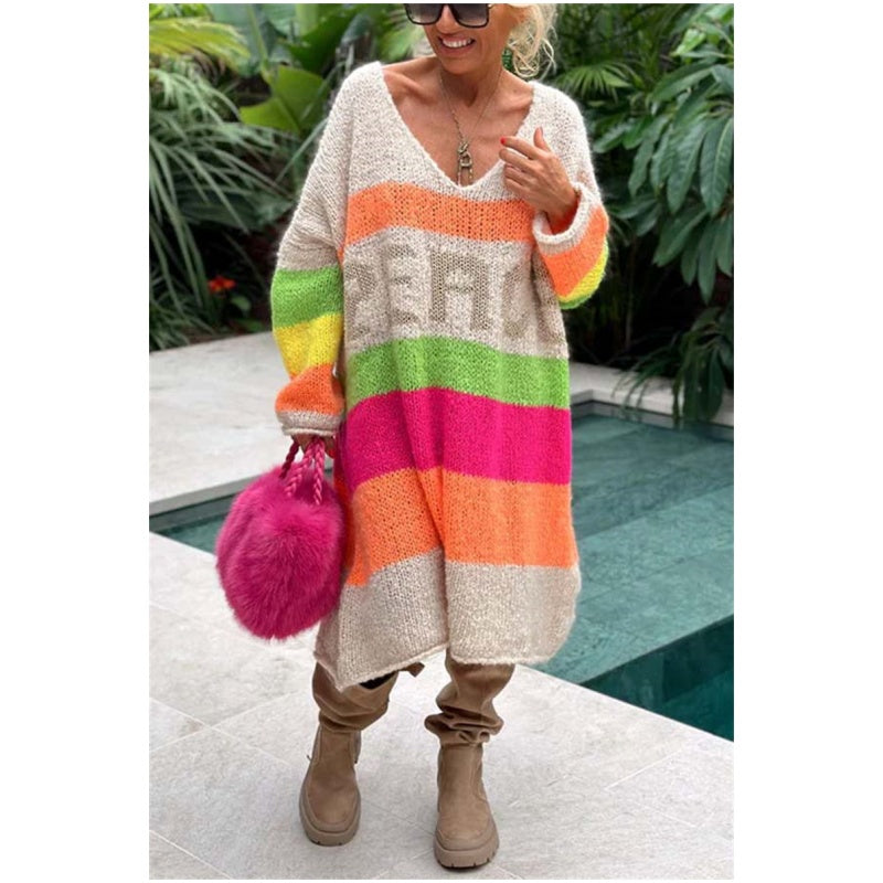 🔥Now enjoy 50% discount🔥Color Block V-Neck Letter Print Sweater Dress