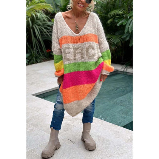 🔥Now enjoy 50% discount🔥Color Block V-Neck Letter Print Sweater Dress