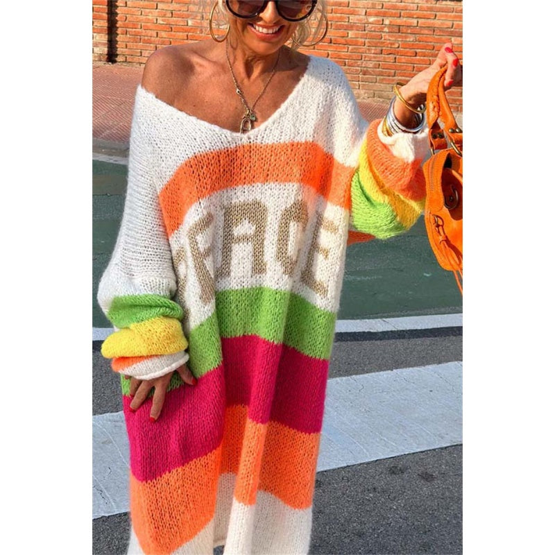 🔥Now enjoy 50% discount🔥Color Block V-Neck Letter Print Sweater Dress