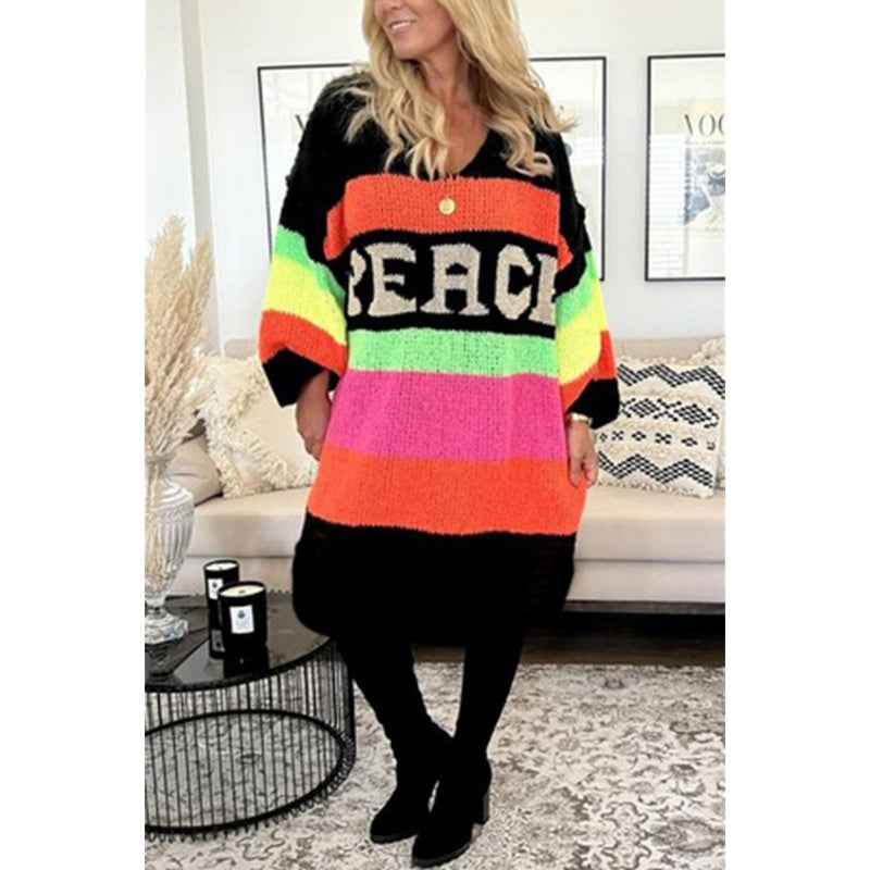 🔥Now enjoy 50% discount🔥Color Block V-Neck Letter Print Sweater Dress