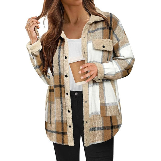 Women’s Casual Sherpa Plaid Long-sleeve Button-down Coat