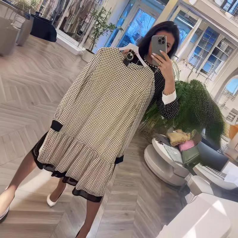 Women’s Elegant Round-neck Long-sleeve Polka Dot Dress