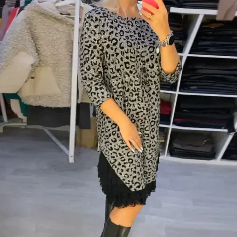 🔥Hot Sale 50% off🔥 Women’s Lace Trim Leopard Print Dress