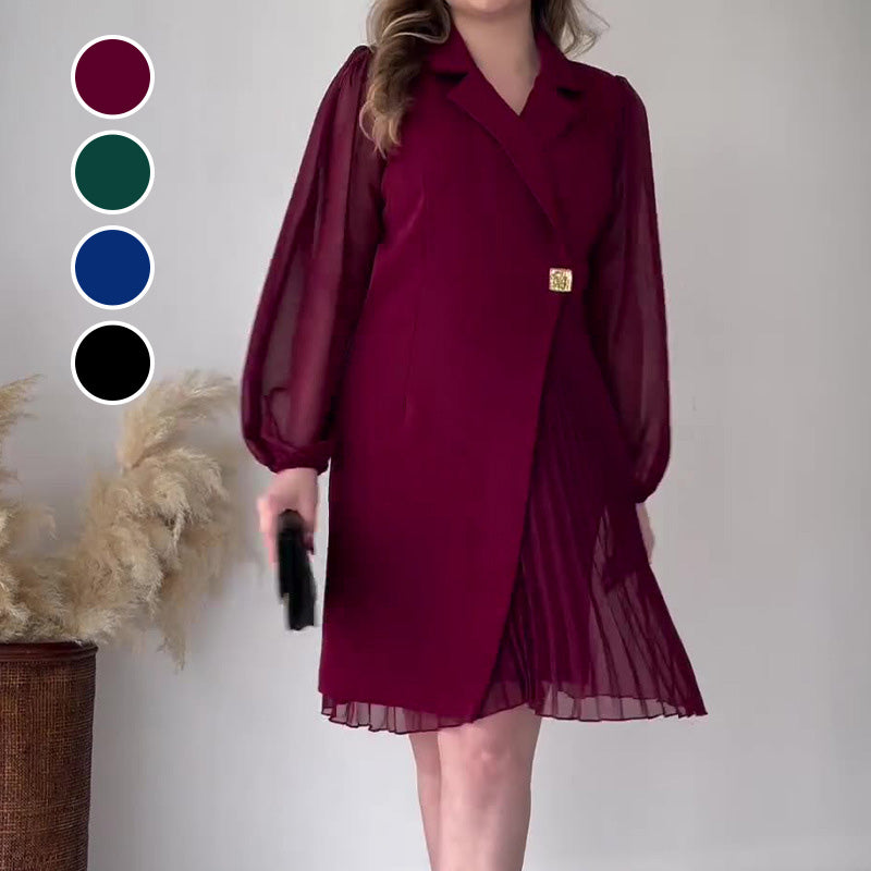 🔥Hot Sale 50% off🔥 Lapel solid colourSuperior feeling Temperament pleated design dress👗