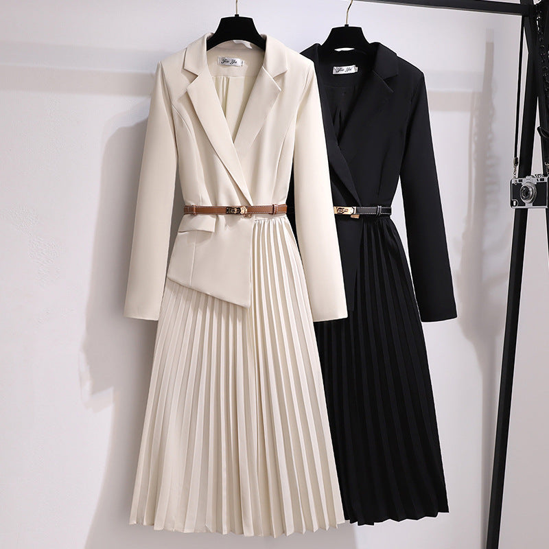 💜HOT SALE 50% OFF💜Asymmetrical Patchwork Pleated Blazer Dress with Belt💃