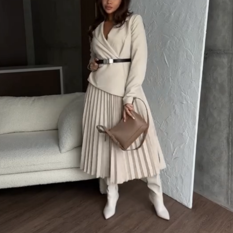 💜HOT SALE 50% OFF💜Asymmetrical Patchwork Pleated Blazer Dress with Belt💃