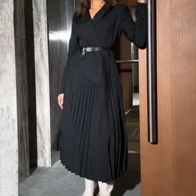 💜HOT SALE 50% OFF💜Asymmetrical Patchwork Pleated Blazer Dress with Belt💃
