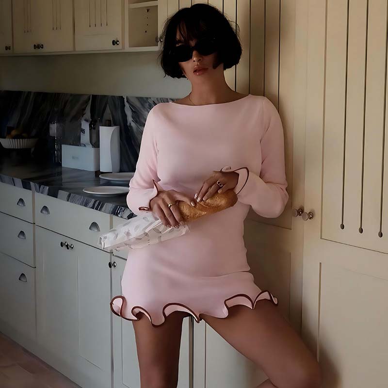Women's Solid Color Long Sleeve Ruffle Dress