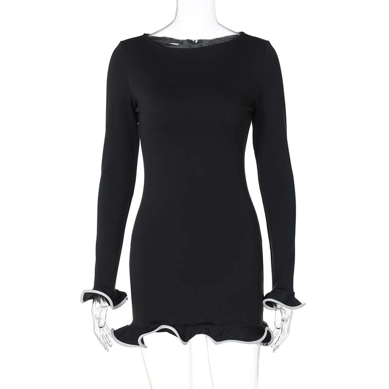 Women's Solid Color Long Sleeve Ruffle Dress