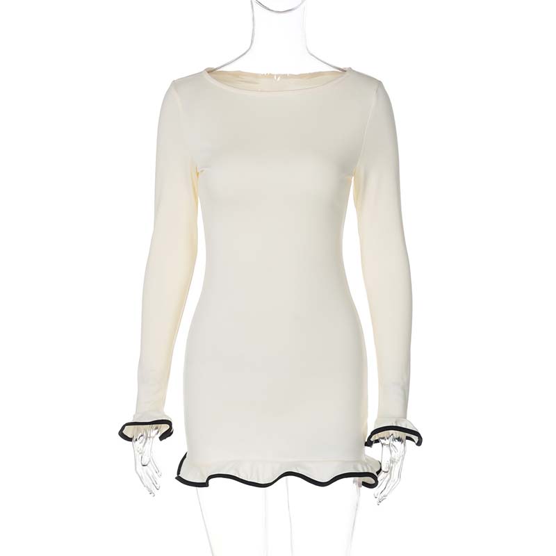 Women's Solid Color Long Sleeve Ruffle Dress