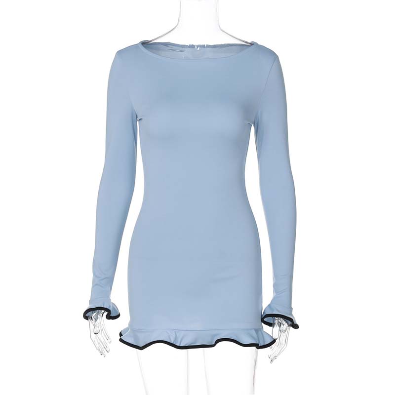 Women's Solid Color Long Sleeve Ruffle Dress