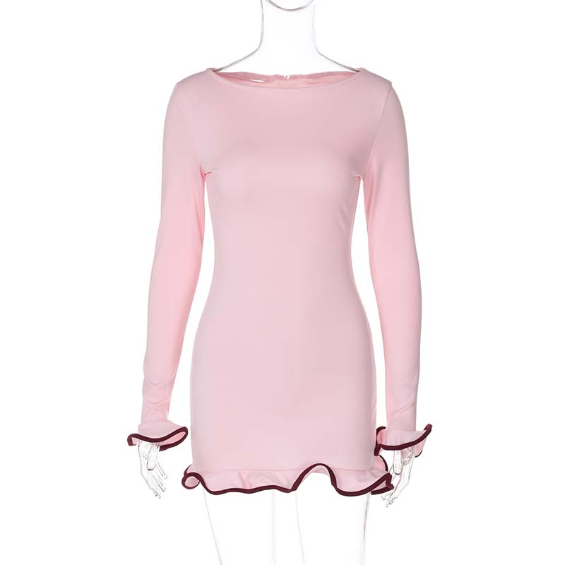 Women's Solid Color Long Sleeve Ruffle Dress