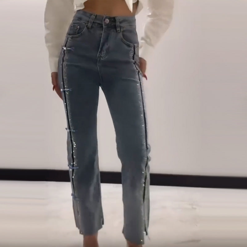 👖✨Women's Jeans With Shiny Rhinestones And Chic Slit✨