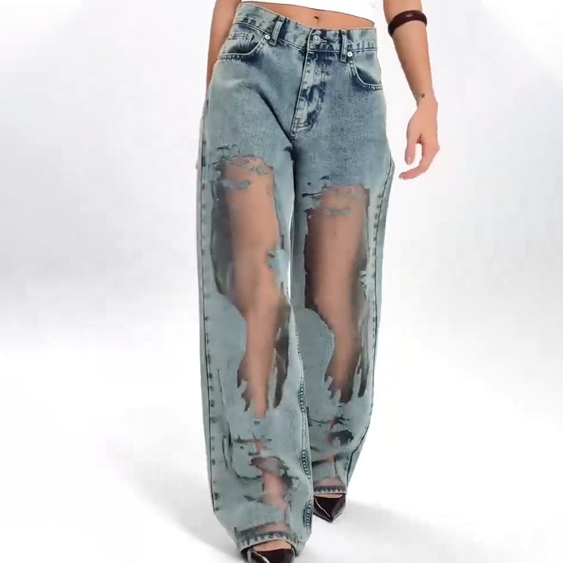 Women's Vintage Mesh Patchwork Printed Jeans