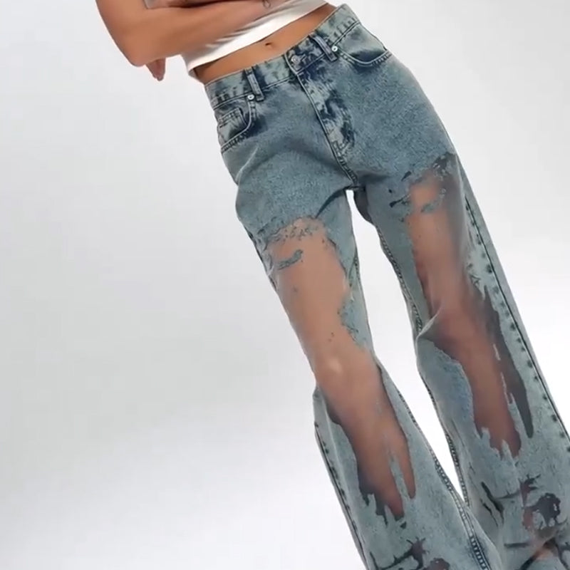 Women's Vintage Mesh Patchwork Printed Jeans