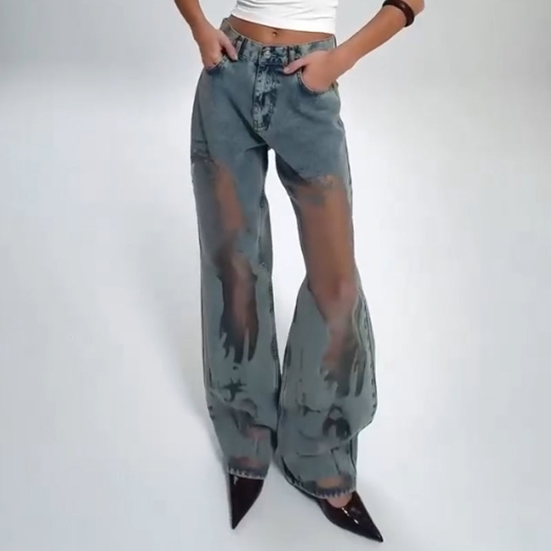 Women's Vintage Mesh Patchwork Printed Jeans