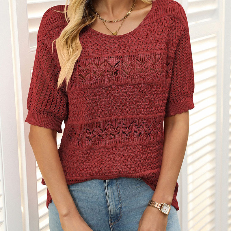 🎉Hot Sale 50% OFF🎉Women's Round Neck Hollow Knit Crochet Short Sleeve Sweater