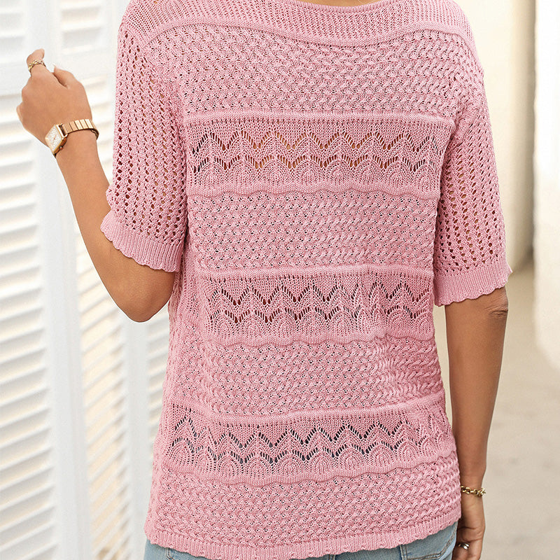 🎉Hot Sale 50% OFF🎉Women's Round Neck Hollow Knit Crochet Short Sleeve Sweater