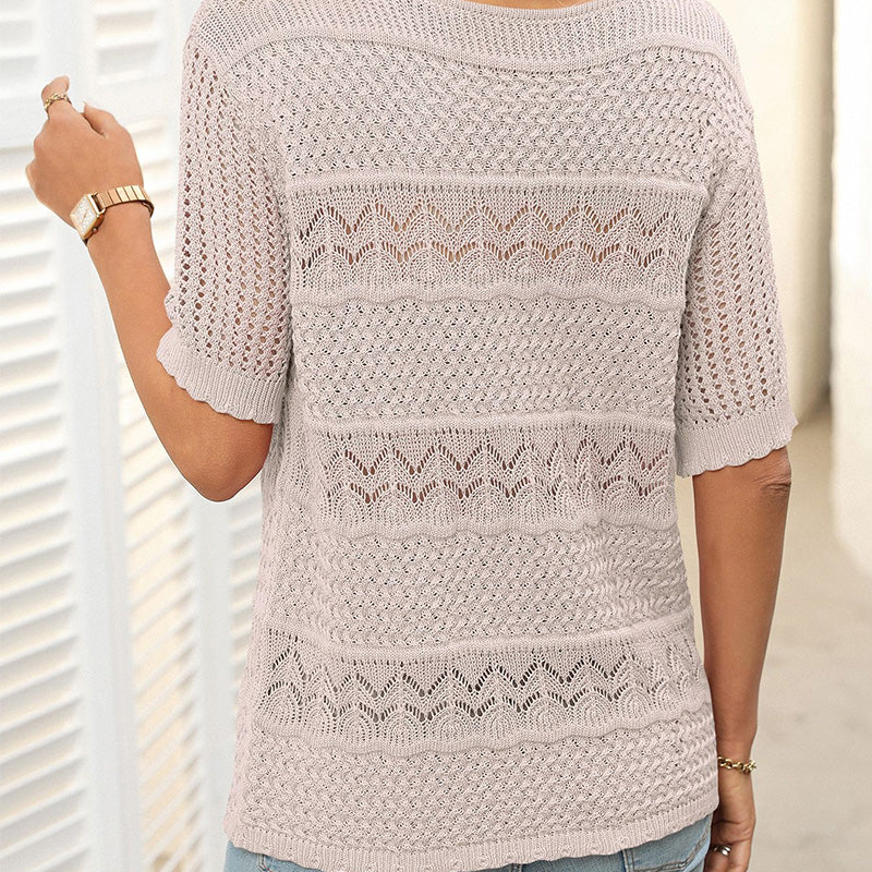 🎉Hot Sale 50% OFF🎉Women's Round Neck Hollow Knit Crochet Short Sleeve Sweater